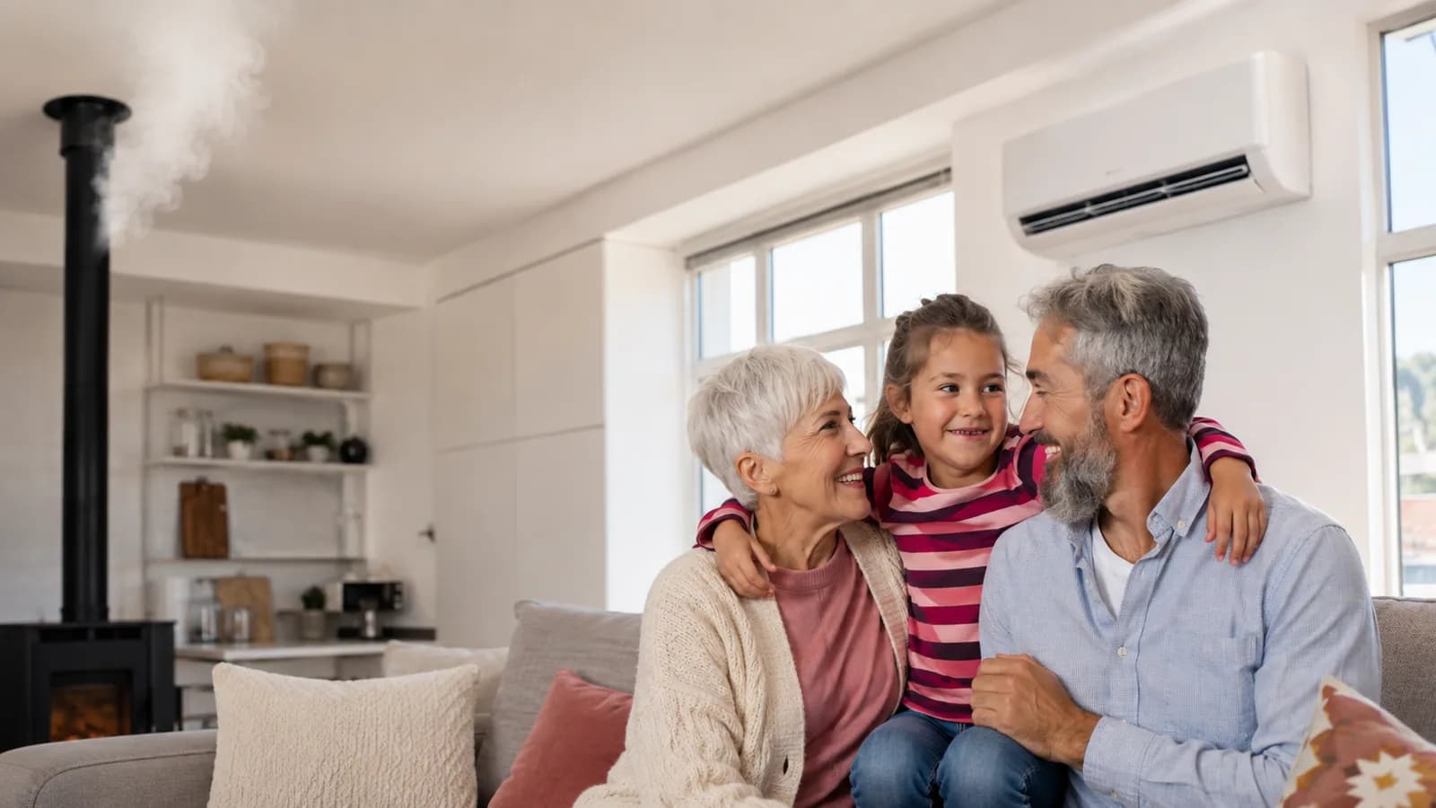 Familia reunida en un hogar climatizado con aire acondicionado